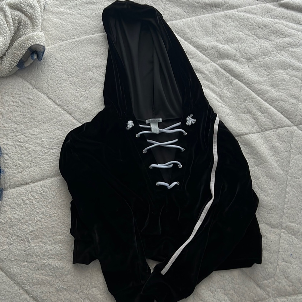 a black cropped hoodie. size large. velvet material